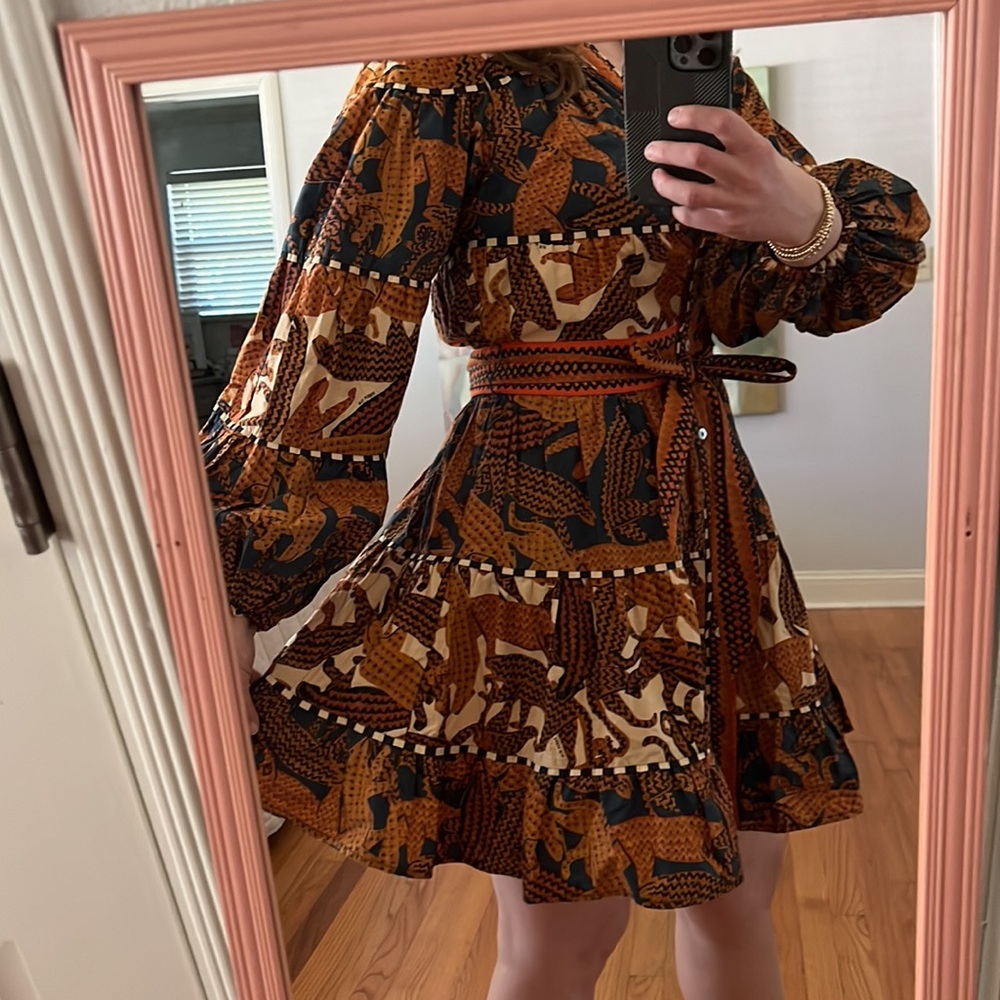 FARM Rio Long Sleeve Print Mini Dress with sash medium - Picture 8 of 16